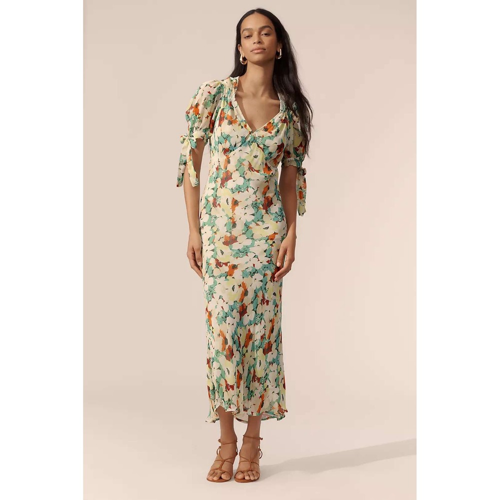Anthropologie Floral V-Neck Puff Sleeve Maxi Dress Medium Green NWT Wedding
